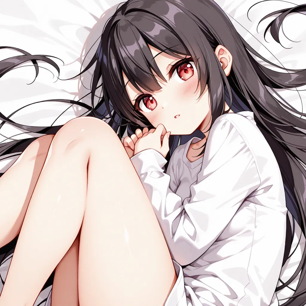 1girl, blush, brown eyes, long hair, long sleeves, looking at viewer, shirt, simple background, solo, thighs, hair between eyes, red eyes, white background, black hair, parted lips, white shirt, from above, parted lips, lying, feet out of frame, bare legs, hair spread out, casual