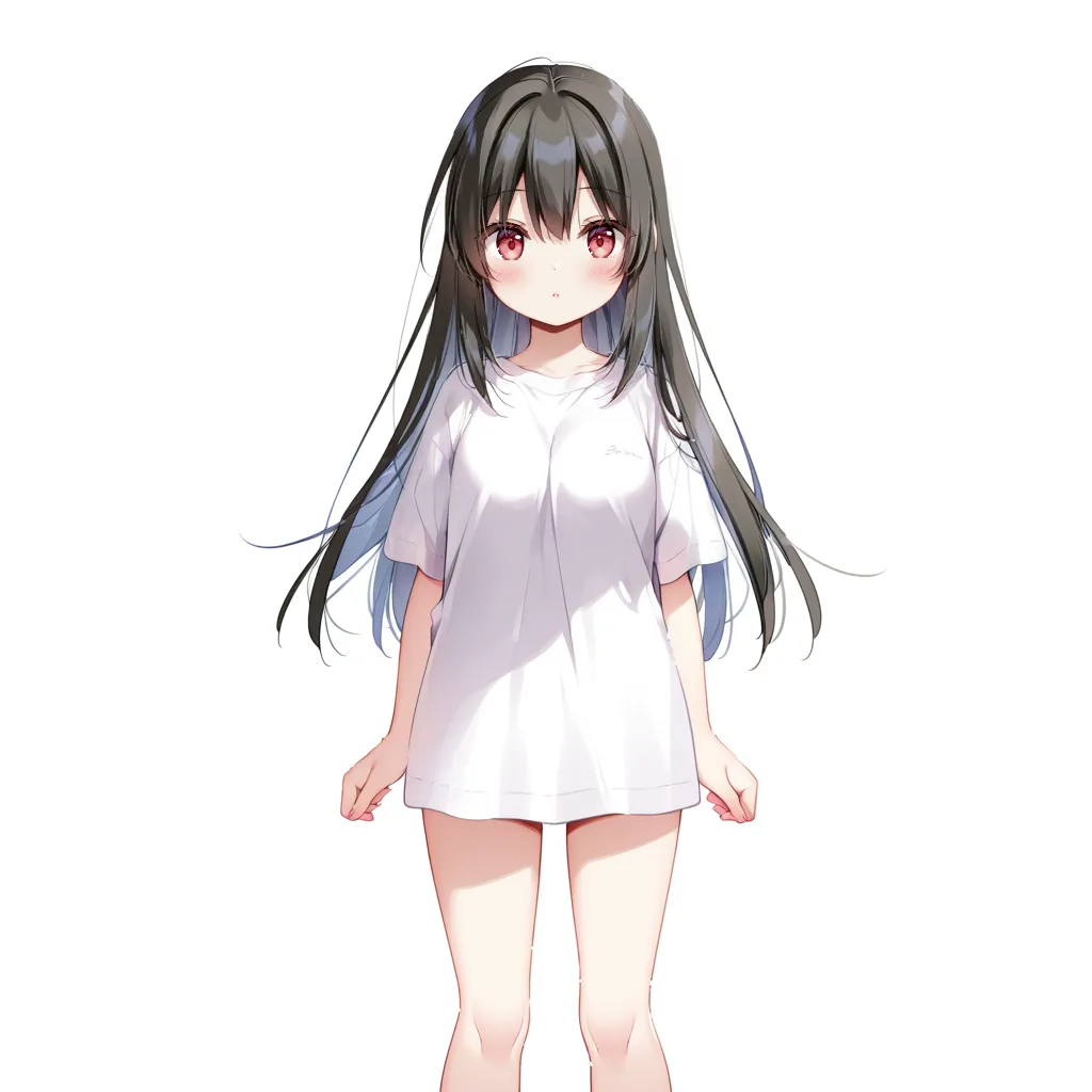 1girl, blush, red eyes, black hair, long hair, hair between eyes, t-shirt, white shirt, shirt, looking at
viewer, standing, arms at sides, (bare legs:0.4), feet out of frame, solo, simple background, white
background