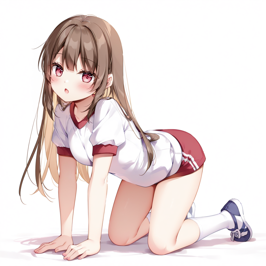 1girl, looking at viewer, open mouth, head tilt, red eyes, brown hair, long hair, tsurime, gym uniform, all fours, full body, from side, solo, simple background, white background