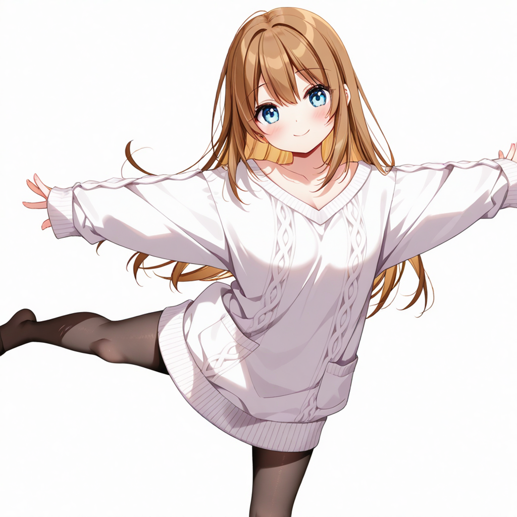 1girl, blush, blue eyes, brown hair, long hair, hair between eyes, white cardigan, naked sweater, oversized clothes, furisode sleeves, sleeves past wrists, black pantyhose, looking at viewer, smile, head tilt, balancing, spread arms, outstretched arms, standing on one leg, wide spread legs, thighs, full body, cowboy shot, (leaning forward:0.4), solo, simple background, white background