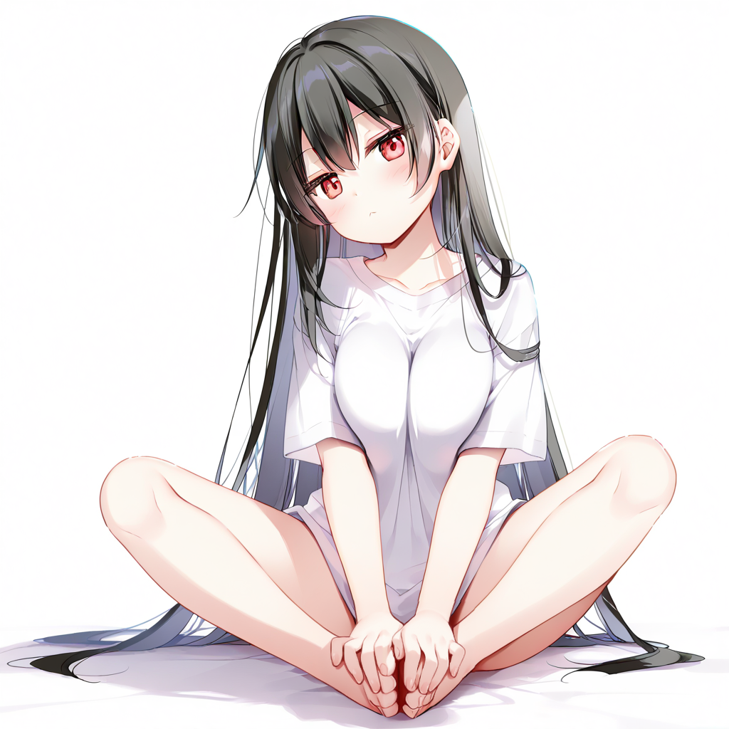 1girl, blush, red eyes, black hair, long hair, hair between eyes, breasts, t-shirt, white shirt, shirt, looking at viewer, jitome, :<, head tilt, expressionless, butterfly sitting, hands on feet, hands on own feet, (bare legs:0.4), full body, solo, simple background, white background