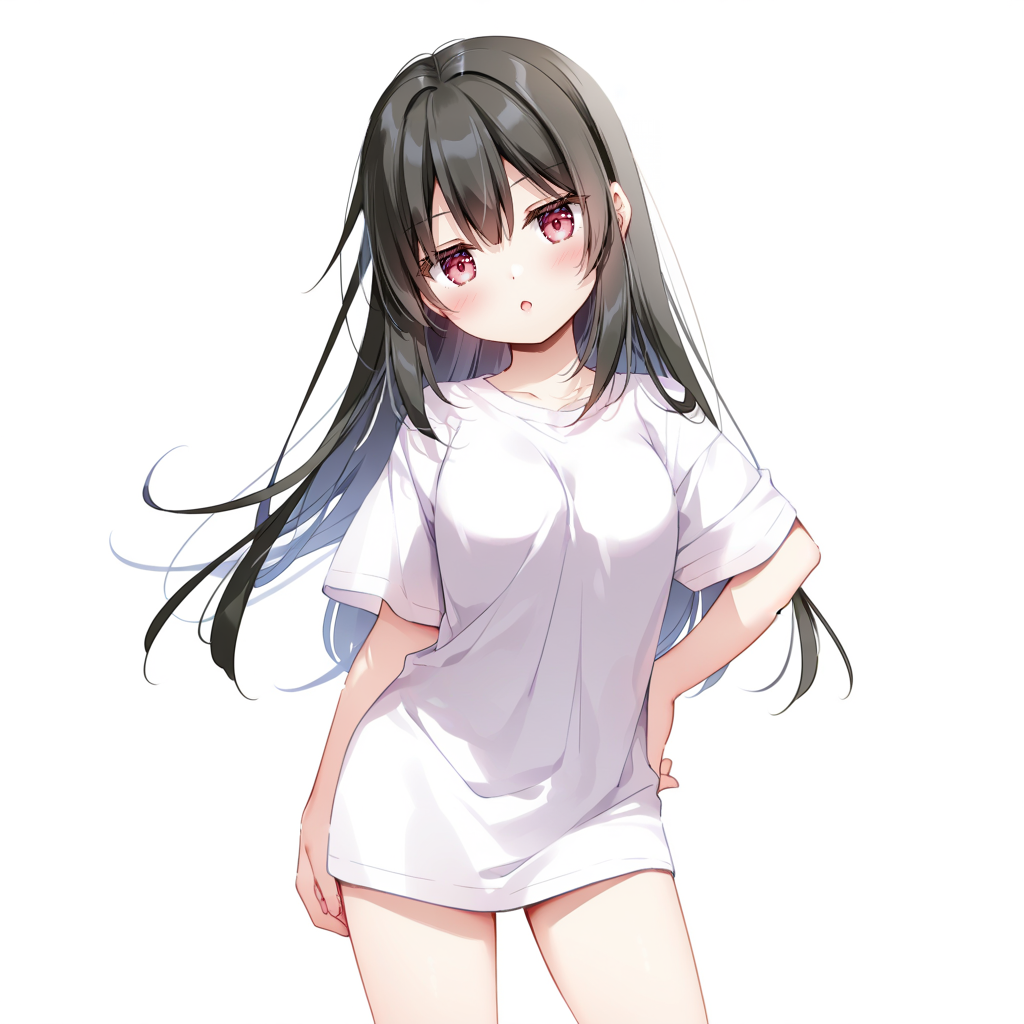 1girl, blush, red eyes, black hair, long hair, hair between eyes, t-shirt, white shirt, shirt, looking at viewer, jitome, :o, head tilt, standing, contrapposto, hand on own hip, (bare legs:0.4), feet out of frame, solo, simple background, white background