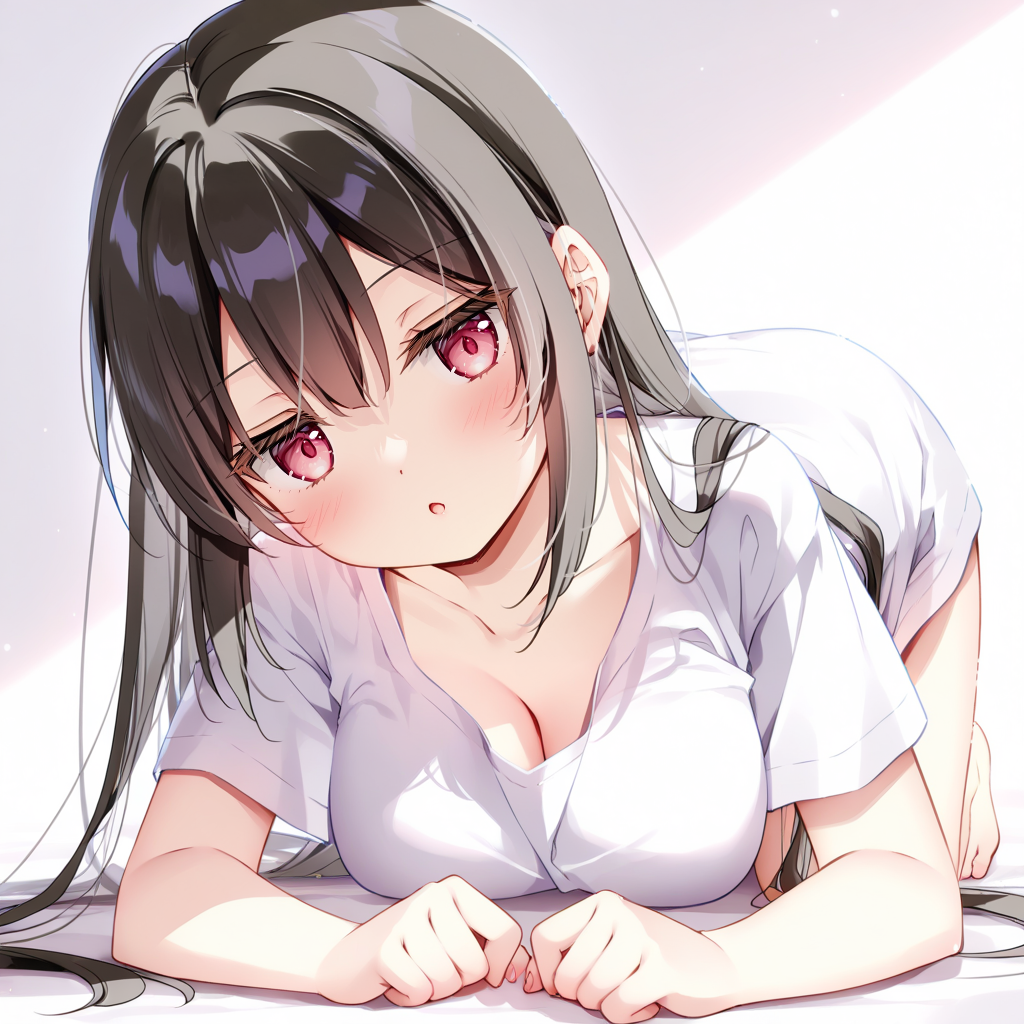 1girl, blush, red eyes, black hair, long hair, hair between eyes, breasts, t-shirt, white shirt, shirt, looking at viewer, jitome, :o, head tilt, crawling, (bare legs:0.4), full body, solo, simple background, white background