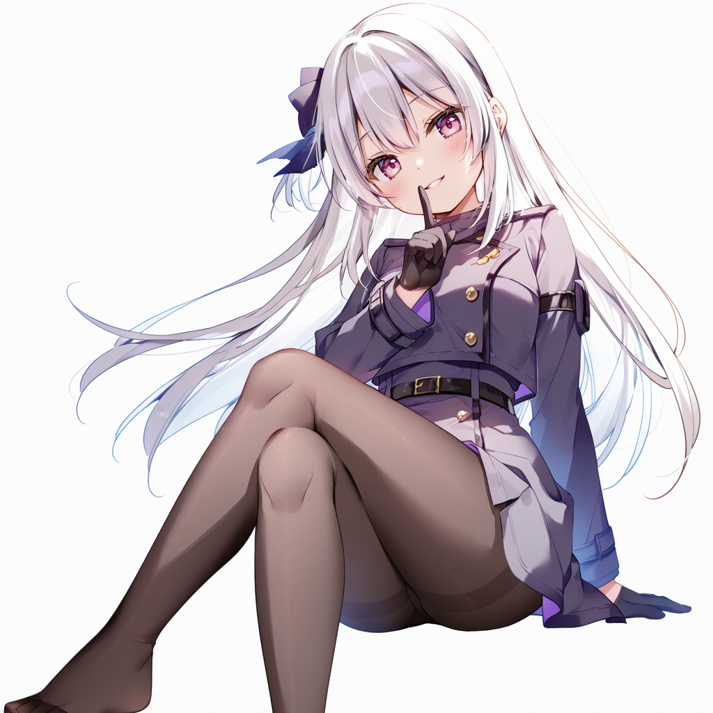 1girl, white hair, two-tone hair, streaked hair, long hair, tsurime, purple eyes, hair between eyes, small breasts, looking at viewer, smile, parted lips, head tilt, shushing, crossed legs, arm support, jacket, black gloves, black pantyhose, feet out of frame, full body, invisible chair, solo, simple background, white background