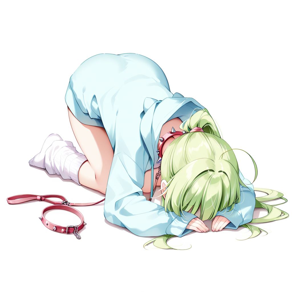 1girl, long hair, side ahoge, green hair, ponytail, fluffy hair, open jacket, hoodie, hood down, long hoodie, oversized clothes, furisode sleeves, sleeves past wrists, loose socks, asymmetrical legwear, spiked collar, leash, (dogeza:1.1), full body, solo, simple background, white background