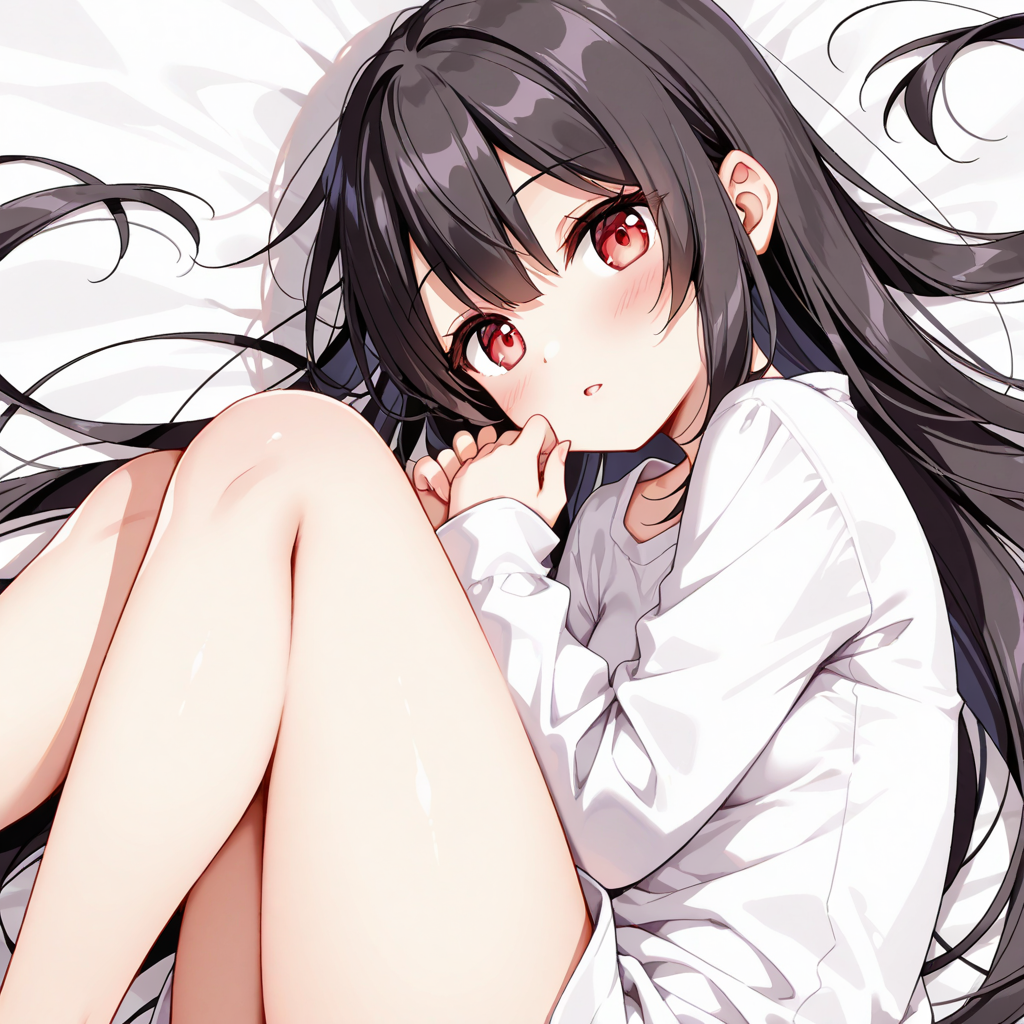 1girl, blush, brown eyes, long hair, long sleeves, looking at viewer, shirt, simple background, solo, thighs, hair between eyes, red eyes, white background, black hair, parted lips, white shirt, from above, parted lips, lying, feet out of frame, bare legs, hair spread out, casual