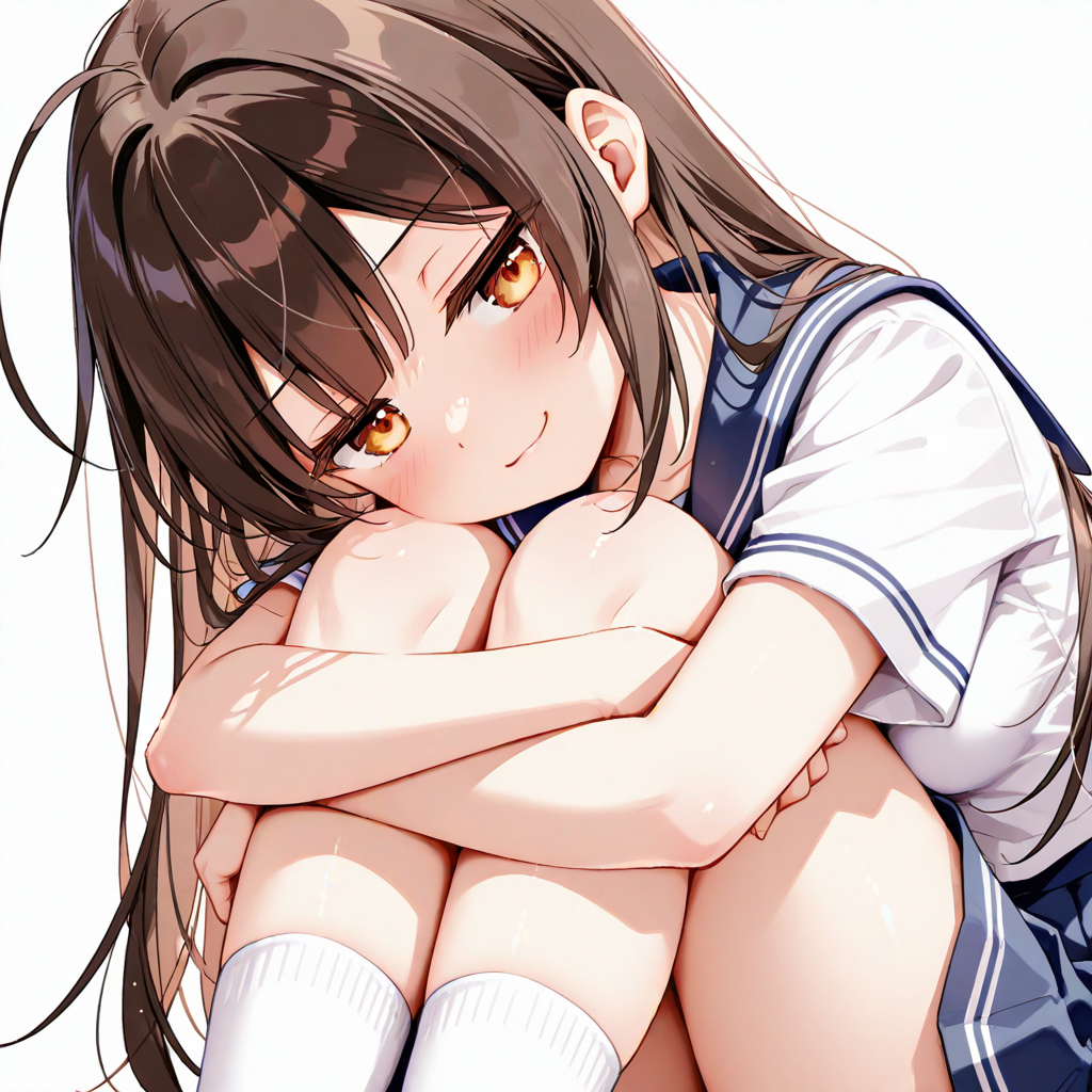 1girl, brown hair, black hair, long hair, brown eyes, ahoge, school uniform, jitome, smug, hugging own legs, feet out of frame, solo, simple background, white background