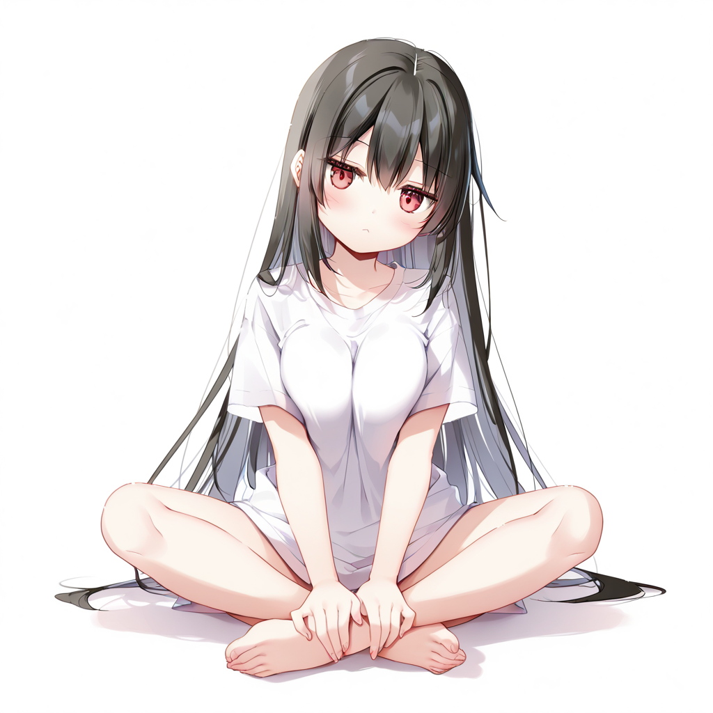 1girl, blush, red eyes, black hair, long hair, hair between eyes, breasts, t-shirt, white shirt, shirt, looking at viewer, jitome, :<, head tilt, expressionless, indian style, hands on feet, hands on own feet, (bare legs:0.4), full body, solo, simple background, white background