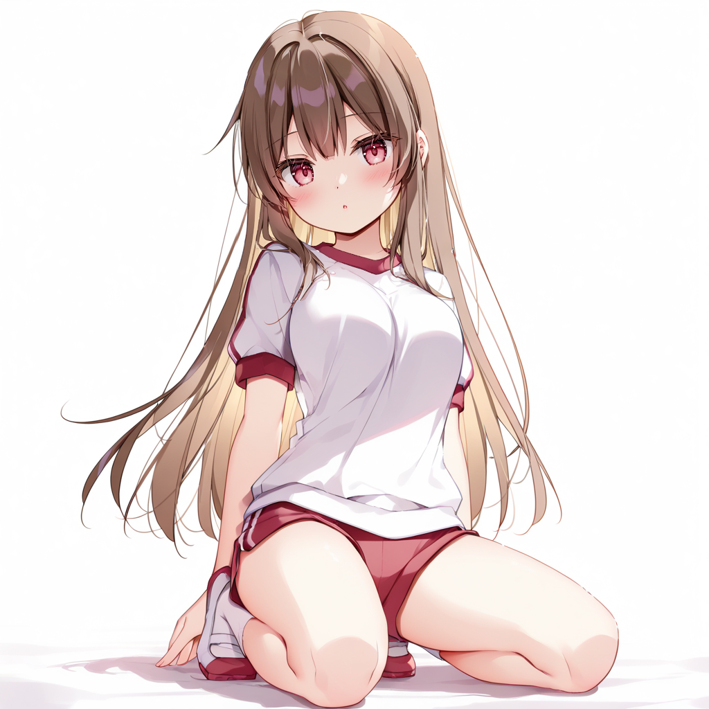 1girl, red eyes, brown hair, long hair, tsurime, gym uniform, kneeling, arms at sides, full body, solo, simple background, white background