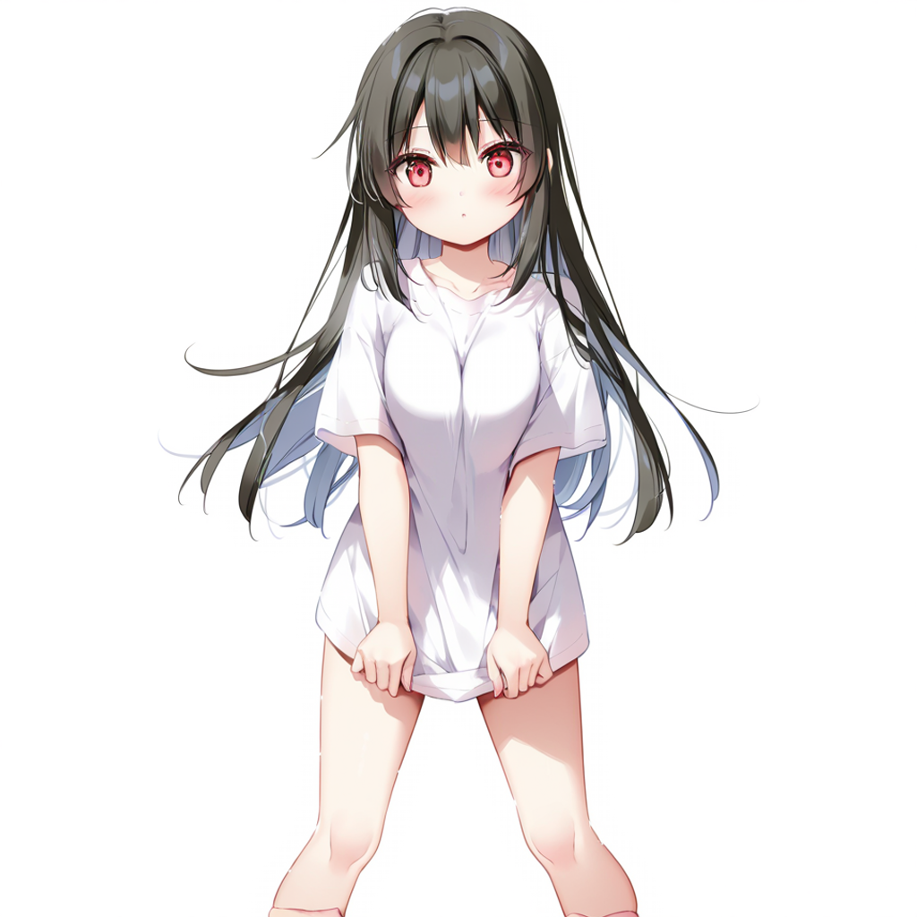 1girl, looking at viewer, blush, red eyes, black hair, long hair, hair between eyes, t-shirt, white shirt, shirt, looking at viewer, standing, (legs apart), (bare legs:0.4), feet out of frame, solo, simple background, white background