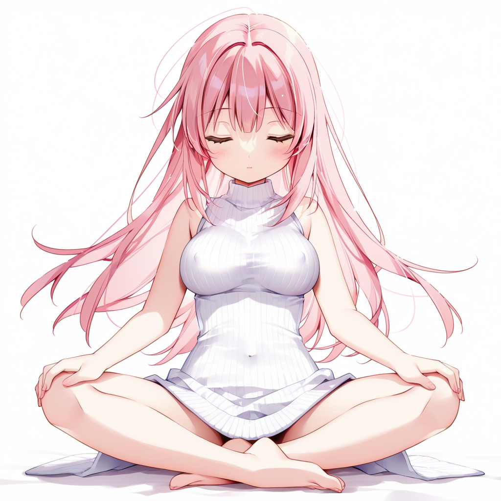 1girl, closed eyes, messy hair, turtleneck, sleeveless, ribbed sweater, hands on own knees, lotus position, meditation, medium breasts, covered nipples, full body, solo, simple background, white background