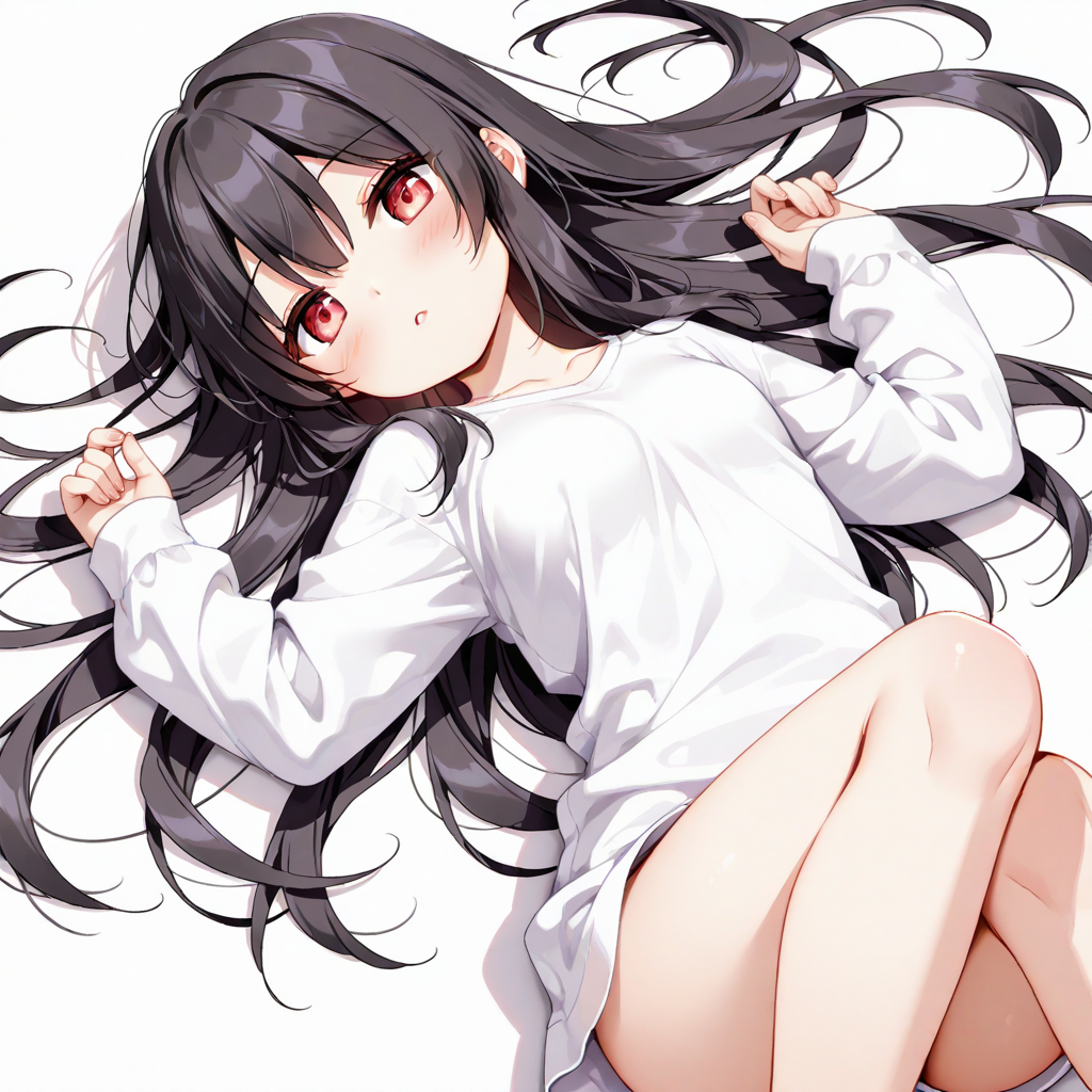 1girl, blush, brown eyes, long hair, long sleeves, looking at viewer, shirt, simple background, solo, thighs, hair between eyes, red eyes, white background, black hair, parted lips, white shirt, from above, parted lips, on back, feet out of frame, bare legs, hair spread out, casual