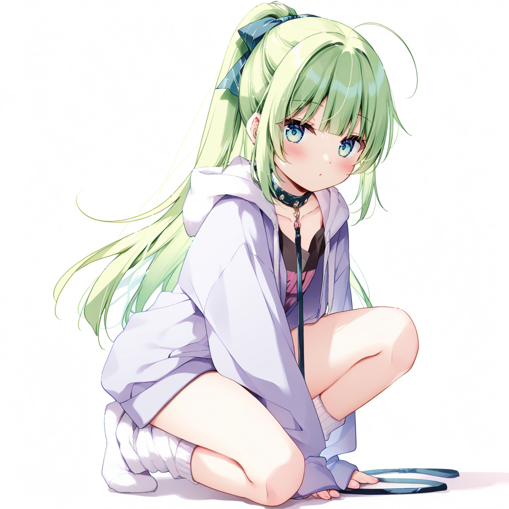 1girl, long hair, blunt bangs, side ahoge, green hair, ponytail, fluffy hair, green eyes, open jacket, hoodie, hood down, long hoodie, oversized clothes, furisode sleeves, sleeves past wrists, loose socks, asymmetrical legwear, o-ring, spiked collar, leash, bare legs, collarbone, blush, looking at viewer, turning head, on one knee, full body, solo, simple background, white background