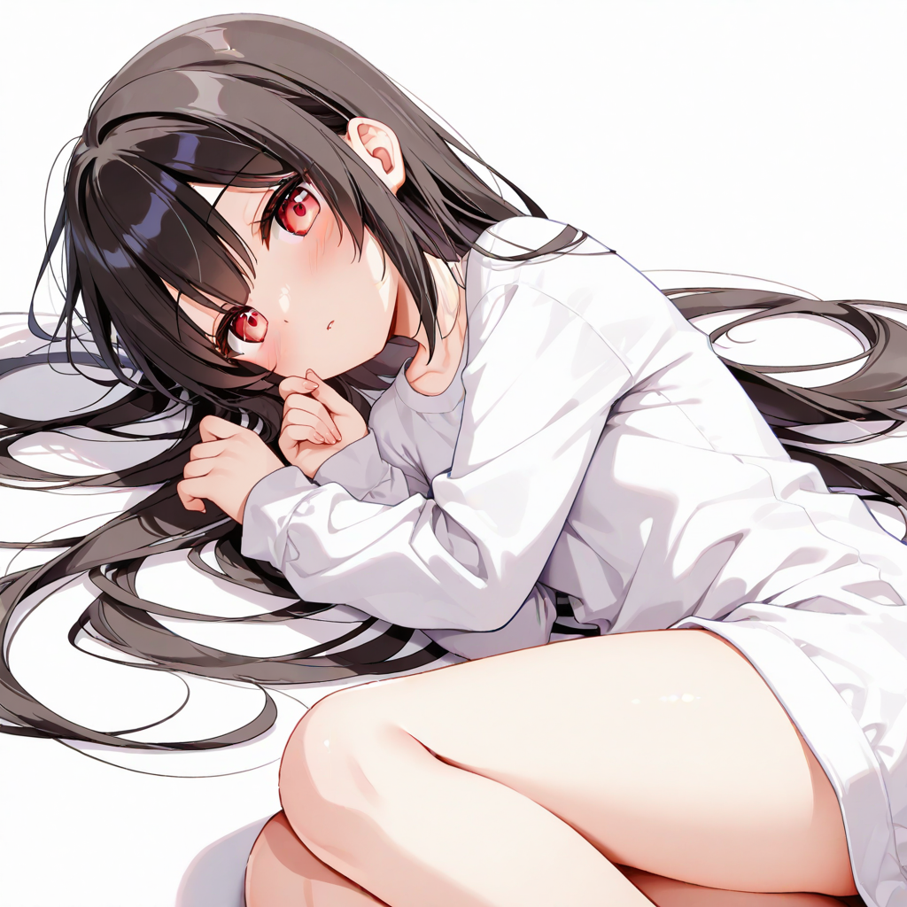1girl, blush, brown eyes, long hair, long sleeves, looking at viewer, shirt, simple background, solo, thighs, hair between eyes, red eyes, white background, black hair, parted lips, white shirt, closed mouth, lying, on side, feet out of frame, bare legs, hair spread out, casual
