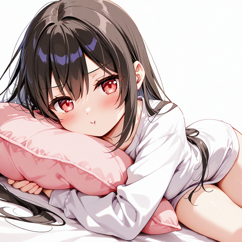 1girl, blush, brown eyes, long hair, long sleeves, looking at viewer, shirt, simple background, solo, thighs, hair between eyes, red eyes, white background, black hair, parted lips, white shirt, puffy cheeks, pout, on stomach, hand under pillow, pillow hug, feet out of frame, bare legs, hair spread out, casual