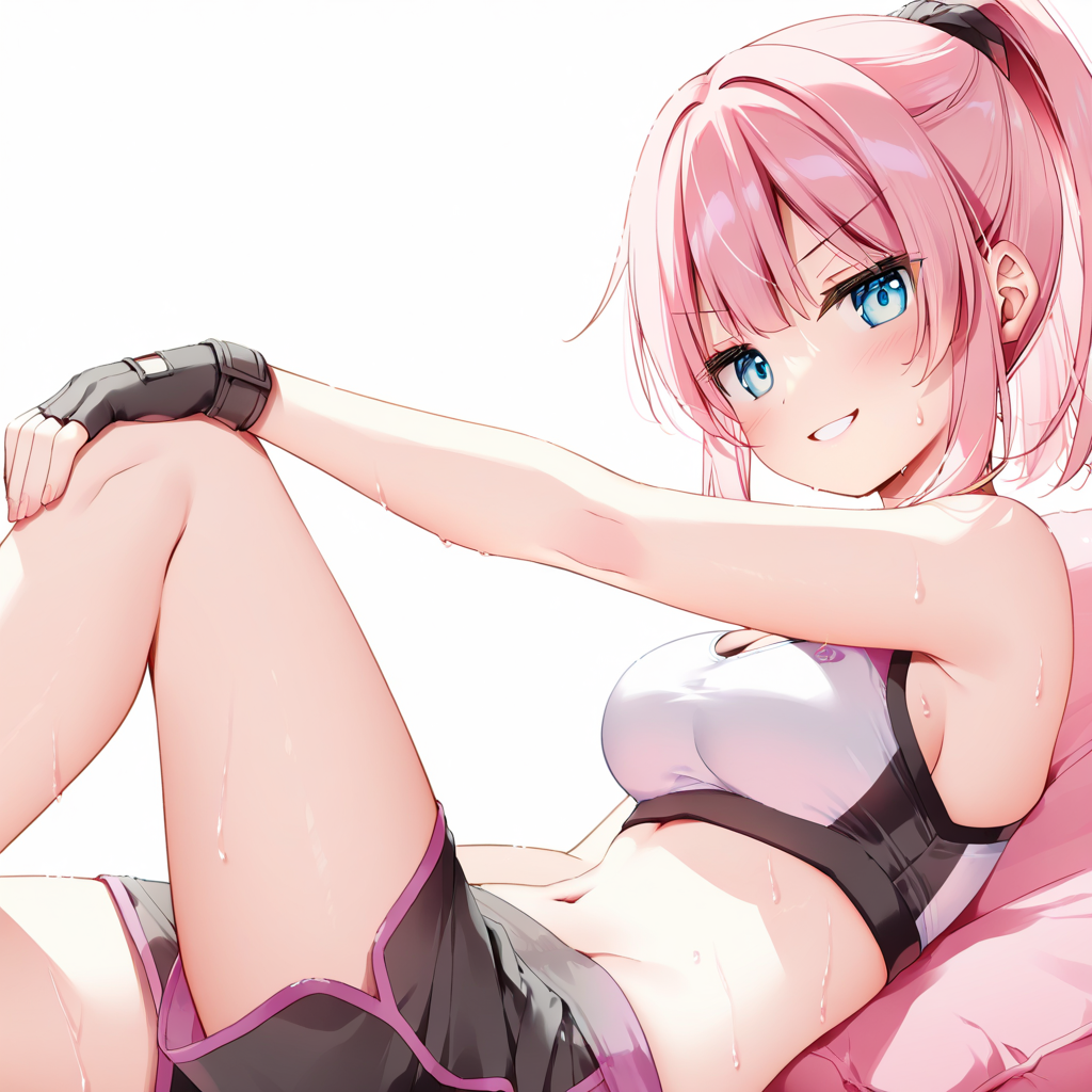 1girl, jitome, v-shaped eyebrows, grin, arm on knee, bare arms, bare shoulders, black gloves, black shorts, black sports bra, breasts, fingerless gloves, gloves, knee up, looking at viewer, midriff, navel, ponytail, reclining, shorts, simple background, solo, sports bra, sweat, two-tone sports bra, white background, white sports bra, from side