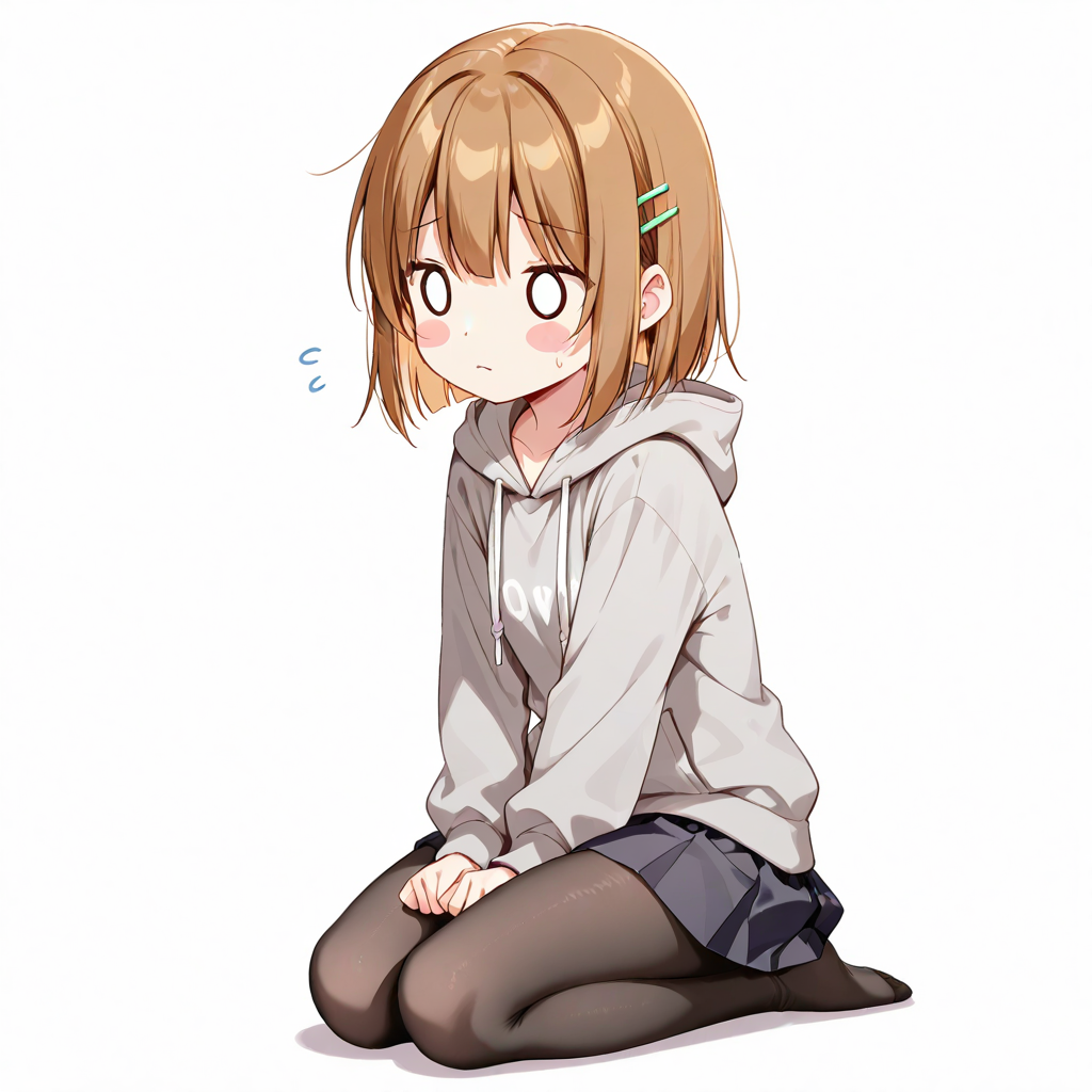 1girl, black pantyhose, black skirt, blush stickers, brown hair, closed mouth, drawstring, flying sweatdrops, full body, grey hoodie, hair ornament, hairclip, hood, hood down, hoodie, long sleeves, o o, pantyhose, parallel hairclips, pleated skirt, seiza, short hair, simple background, sitting, skirt, solo, sweat, white background