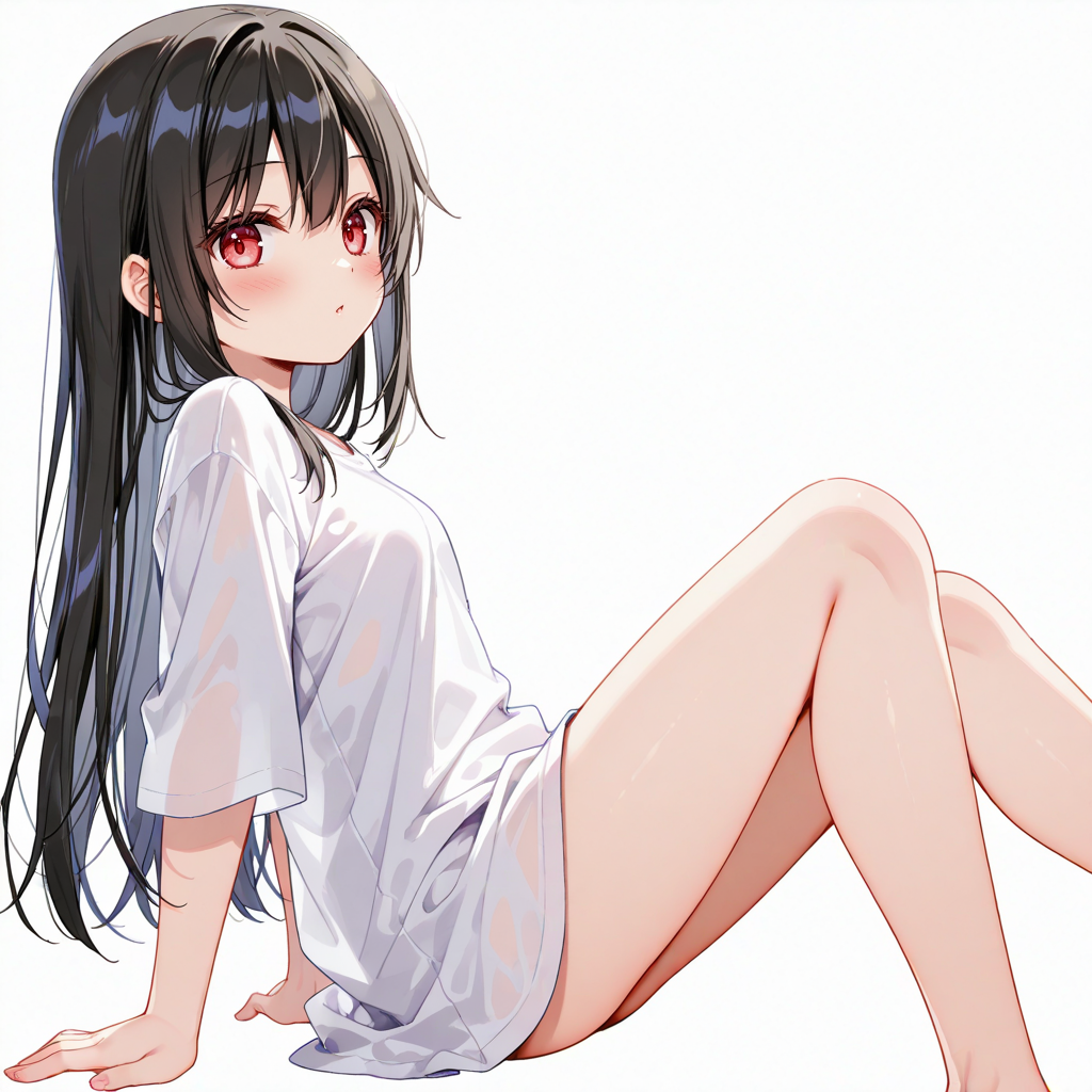 1girl, blush, red eyes, black hair, long hair, hair between eyes, white shirt, looking at viewer, sitting, arm support, leaning back, invisible chair, bare legs, feet out of frame, from side, solo, simple background, white background