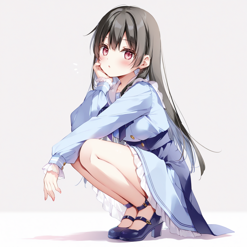 1girl, looking at viewer, blush, red eyes, black hair, long hair, full body, squatting, solo, simple background, white background