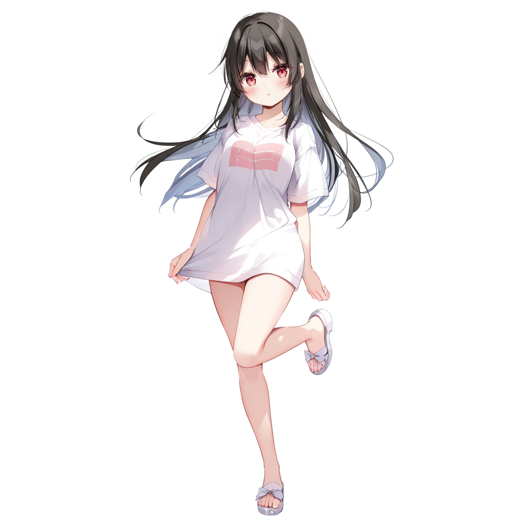 1girl, looking at viewer, blush, red eyes, black hair, long hair, hair between eyes, t-shirt, white shirt, shirt, looking at viewer, standing, standing on one leg, (bare legs:0.4), full body, (cowboy shot:0.9), solo, simple background, white background