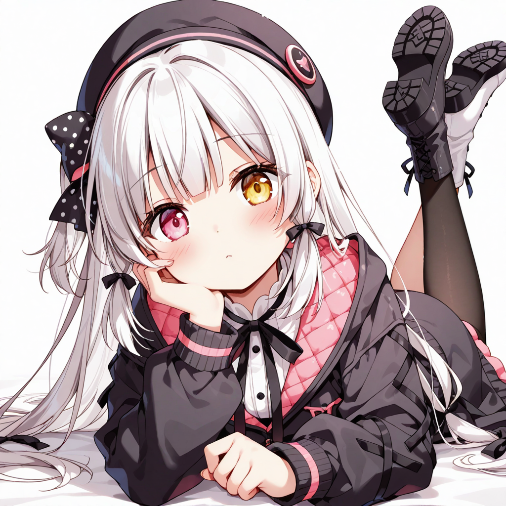1girl, asymmetrical footwear, beret, black boots, black jacket, black pantyhose, black ribbon, blunt bangs, boots, bow, closed mouth, feet up, full body, hand on own cheek, hand on own face, hat, head rest, heterochromia, jacket, long hair, long sleeves, looking at viewer, lying, magical girl, mismatched footwear, multi-tied hair, multicolored hair, neck ribbon, on stomach, crossed legs, pantyhose, pink eyes, yellow eyes, polka dot, polka dot bow, quilted jacket, ribbon, shoe soles, solo, streaked hair, the pose, two-sided fabric, two-sided jacket, white background, white boots, white hair