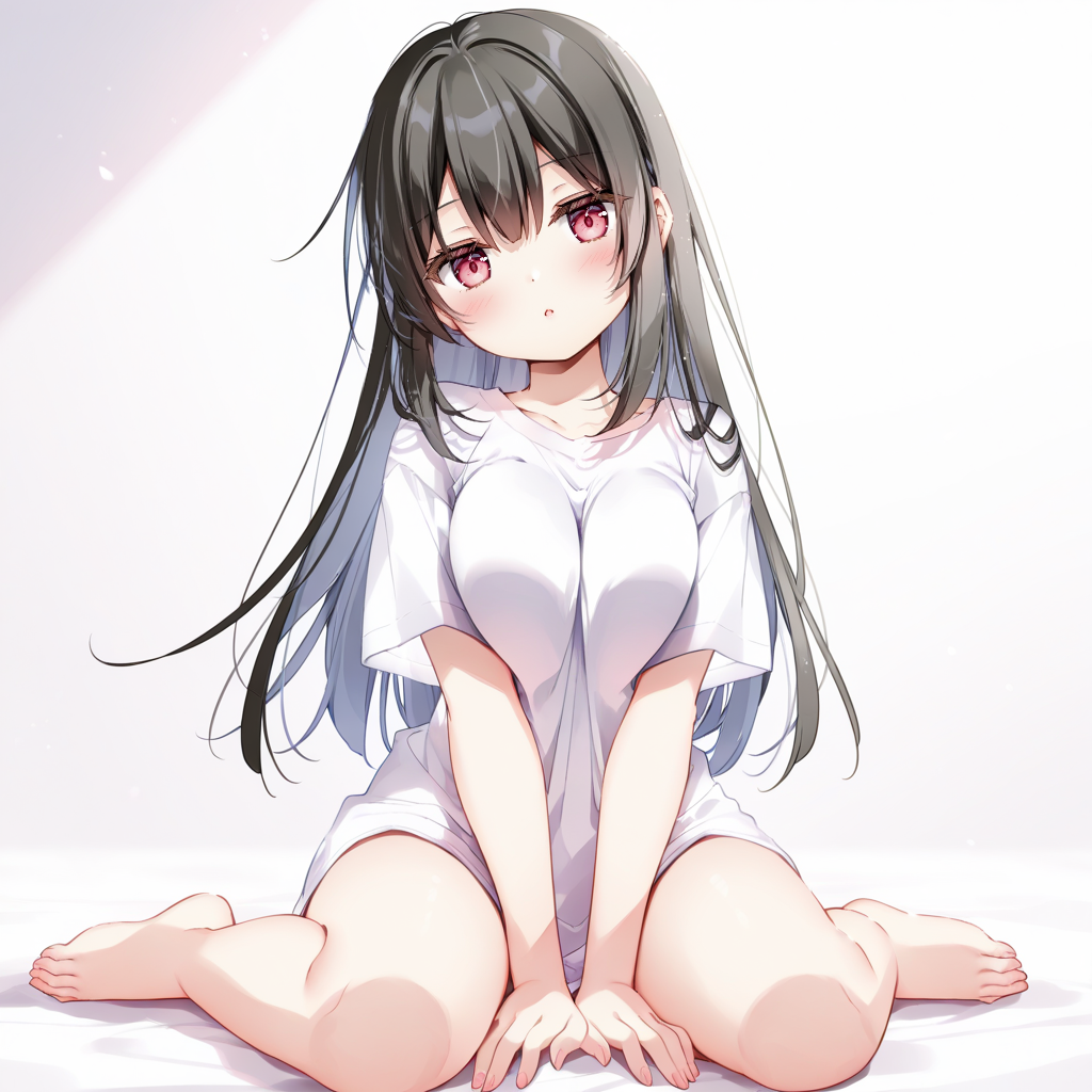 1girl, blush, red eyes, black hair, long hair, hair between eyes, breasts, t-shirt, white shirt, shirt, looking at viewer, jitome, :<, head tilt, expressionless, wariza, v arms, (bare legs:0.4), full body, solo, simple background, white background