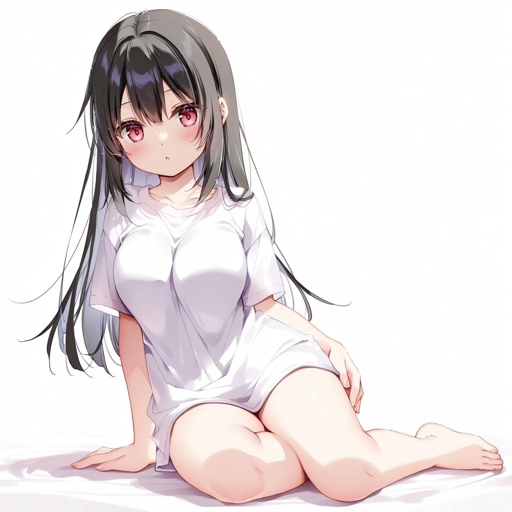 1girl, blush, red eyes, black hair, long hair, hair between eyes, breasts, t-shirt, white shirt, shirt, looking at viewer, yokozuwari, sitting, arm support, (bare legs:0.4), full body, solo, simple background, white background